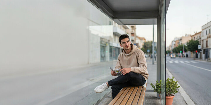 A young man sitting at a bus stop, looking thoughtful while holding a tablet. The bus stop has a glass enclosure, and a street with buildings and trees is visible in the background