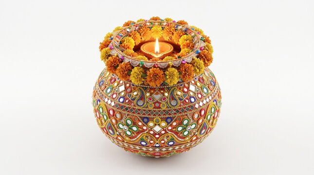 Festive garba pot decorated with colorful patterns, flowers and traditional ornaments, vivid Indian Navratri celebration accessory isolated on a clean white background for worship.