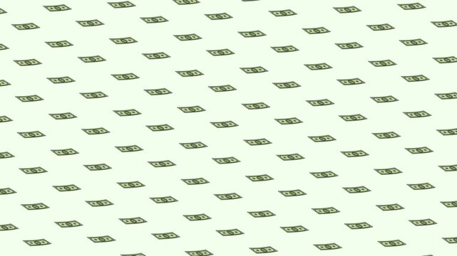 Minimalist animation featuring a repeating grid of green bills gliding across a light mint-green background.