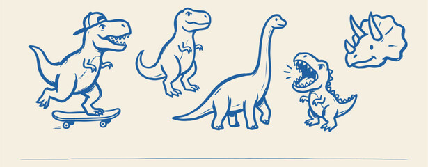 vector doodle line art illustration set of cute dinosaurs including a t rex on skateboard © Irfan