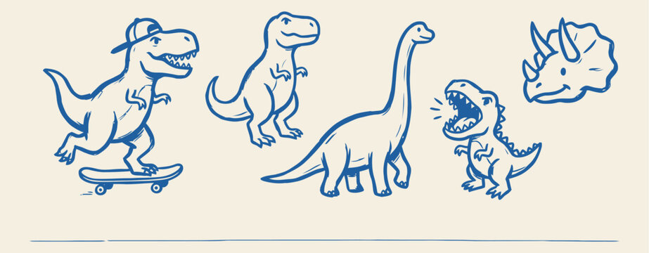 vector doodle line art illustration set of cute dinosaurs including a t rex on skateboard
