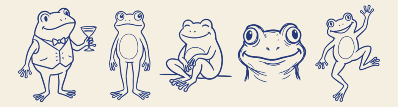 vector doodle line art illustration set of various funny frogs in different poses on beige background