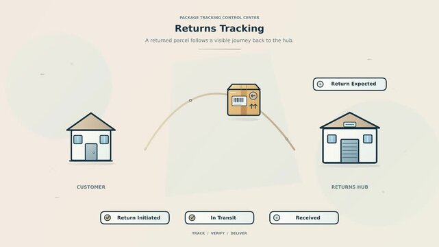 Returns tracking and reverse logistics animation with parcel return route and warehouse status updates, clean logistics motion graphic for ecommerce returns, fulfillment and supply chain operations