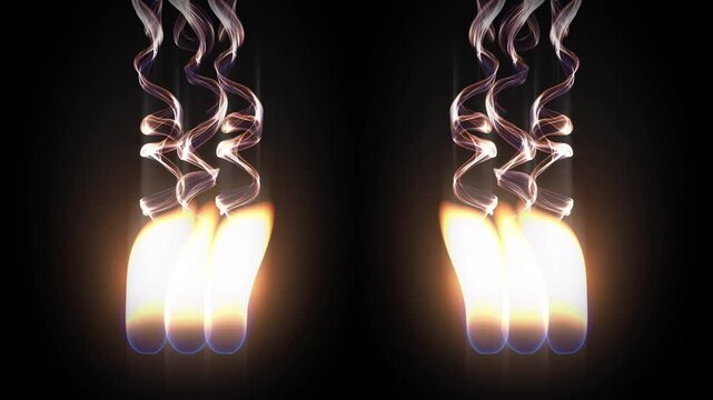 Burning candles with white smoke rising on black background, quiet mourning and tribute seamless VJ loop