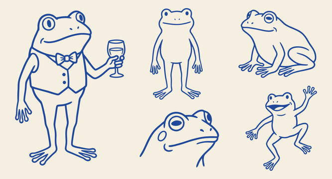 Blue frog vector doodle set with cute animal characters, standing frog with wine glass and jumping frog
