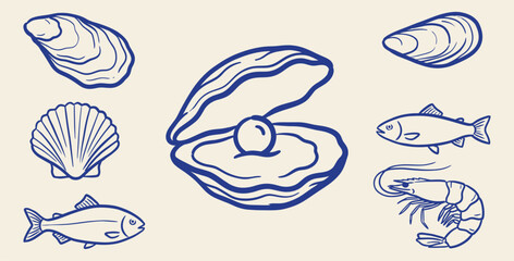 Obraz premium Blue seafood and marine life doodle set featuring open oyster with pearl, fish, and shellfish