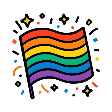 Vibrant rainbow flag icon with celebratory sparkles and confetti in cartoon style, representing pride, diversity, and inclusion