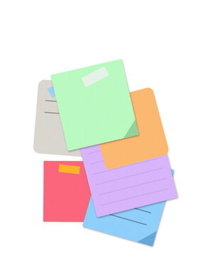 Colorful stack of sticky notes and paper memos for office organization and planning isolated on transparent background