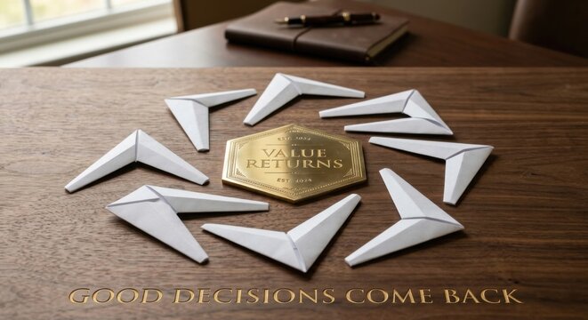 White Folded Paper Geometric Shapes Arranged Around Golden Medallion on Wooden Surface
