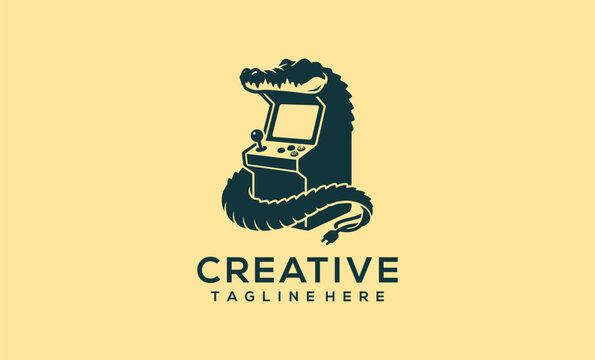 Minimalist logo design featuring a dark teal crocodile silhouette integrated with a retro arcade machine on a cream background with placeholder text