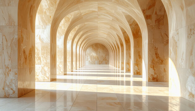 Endless marble arcade with arched colonnade and dramatic light and shadow play