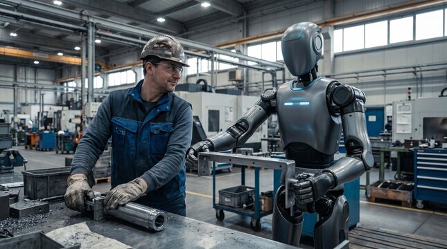 Factory worker and humanoid robot collaborating in industrial workshop