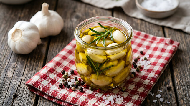 Garlic cloves preserved in olive oil with fresh rosemary sprigs in a