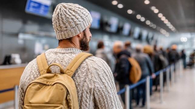 A man wearing a beanie and sweater standing in a long queue at an airport check-in terminal desk.