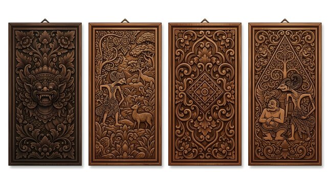 Four ornate traditional Indonesian wooden relief wall panels.