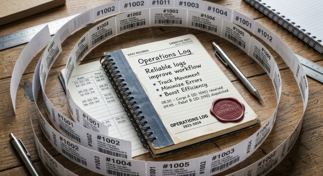 Operations Logbook with Inventory Labels and Pen, Representing Business Organization