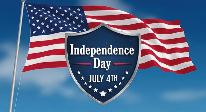 American flag waving with Independence Day July 4th shield emblem illustration