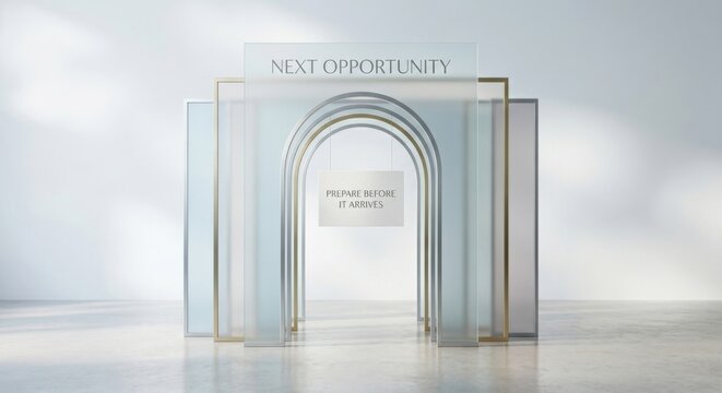 Translucent Archway with 'Next Opportunity' and 'Prepare Before It Arrives' Text
