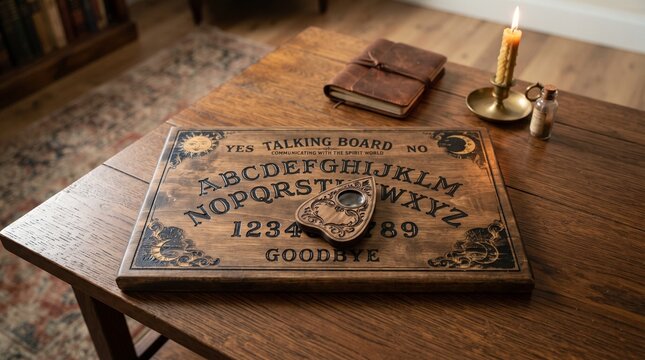 Vintage Wooden Talking Board with Planchette and Candle on Rustic Table