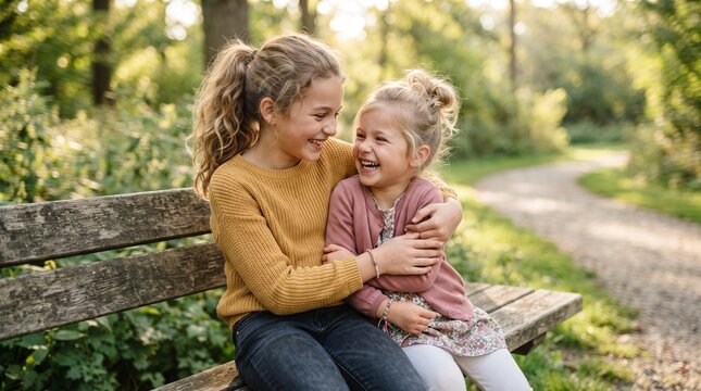 Two happy little sisters sitting on a wooden park bench, laughing and hugging outdoors in a sunny green forest path