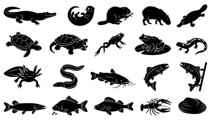 Obraz premium Aquatic Animals Set with Various Reptiles, Amphibians, Fish, and Crustaceans