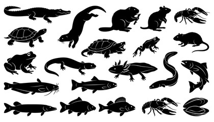 Fototapeta premium Various Aquatic and Terrestrial Animals Silhouettes Collection