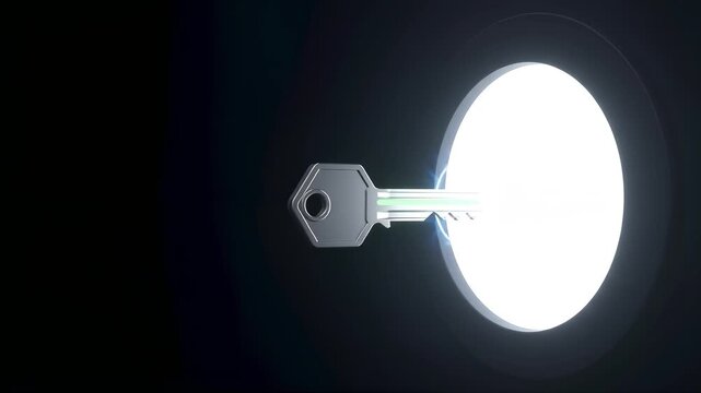 Seamless looping 3D animation of abstract geometric keys entering digital portals that open glowing energy ring gates representing identity and access management