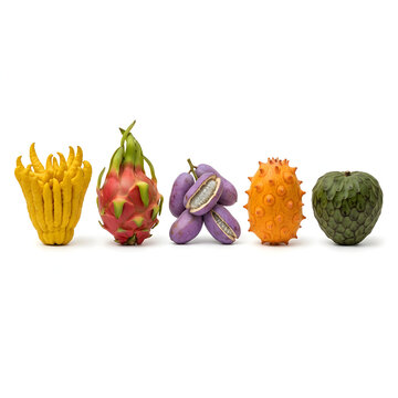 Horizontal row of five exotic tropical fruits including Buddha hand, dragon fruit, akebia, kiwano melon, and cherimoya isolated on white background