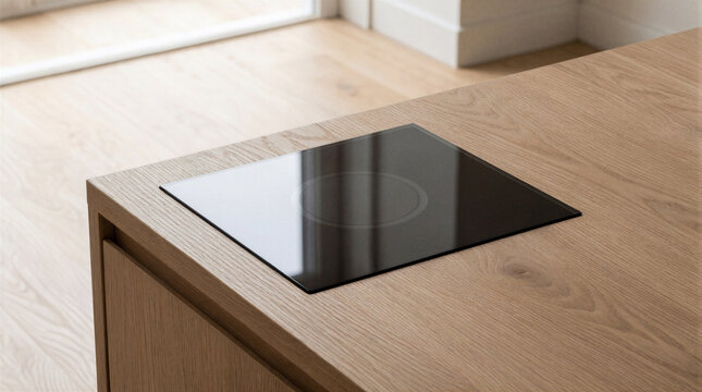 Matte glass wireless charging zone flush inset into solid oak island in Scandinavian kitchen with light floors