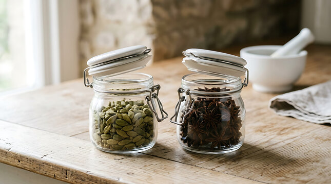 Two glass jars filled with cardamom pods and star anise on a rustic