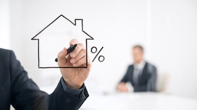 Businessman drawing house and percentage sign on glass for real estate finance concept