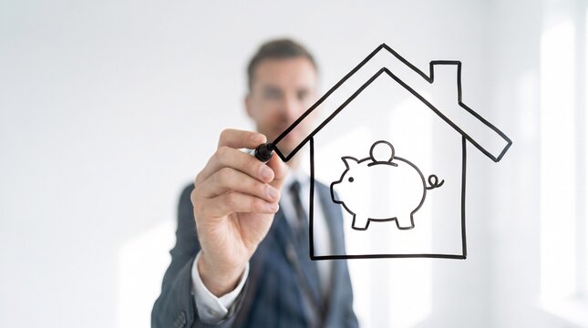 Businessman drawing a house icon with a piggy bank for real estate investment concept
