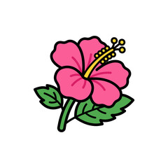 Pink hibiscus flower with green leaves flat illustration. © vwells