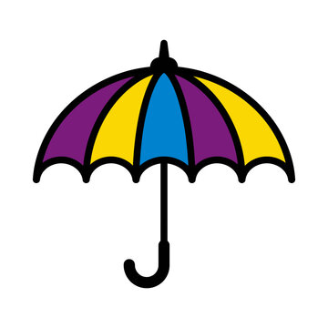 Multicolored striped umbrella with black handle.