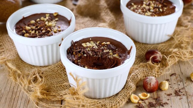 Homemade Dark Chocolate Mousse or Pudding with Hazelnuts in White Ramekins on Wooden Table