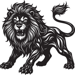 Obraz premium Mighty Black and White Full Body Lion Prowling Illustration - Safari Animal Clipart