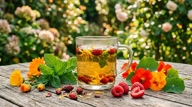 Glass mug of herbal tea with fresh berries and flowers isolated on a