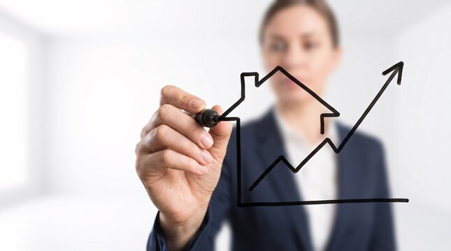 Businesswoman drawing a rising real estate house value graph on glass