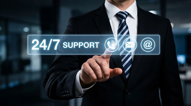 Businessman interacting with digital 24 7 support interface in modern office