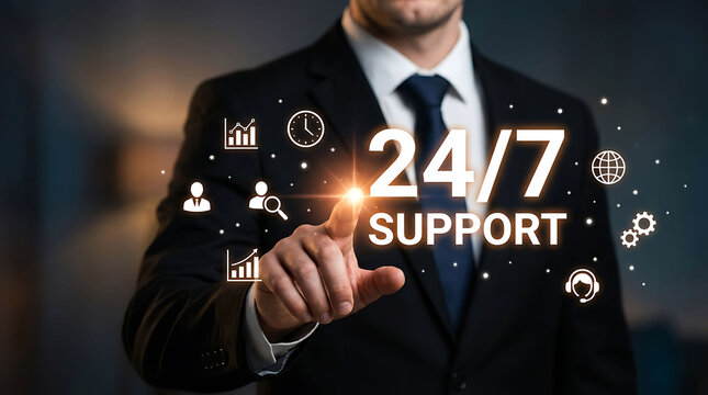 Businessman pointing at glowing 24/7 support virtual interface in modern office