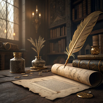 Antique quill pen and parchment scroll on rustic wooden desk, historical library setting with old books and inkwell, classic scholarly workspace