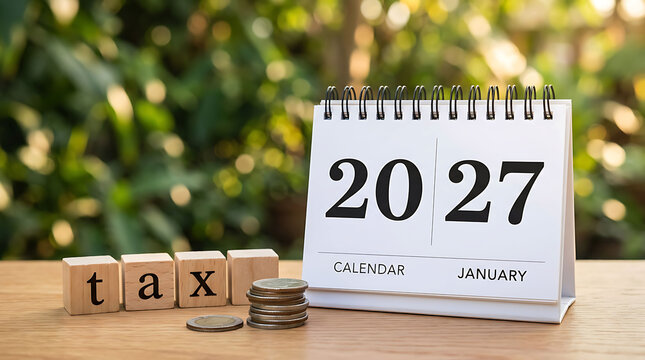 Tax planning concept with 2027 calendar, coins, and wooden blocks on table