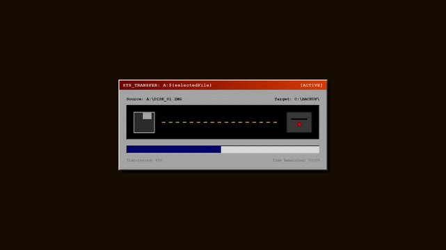 Procedural 4K motion graphics of an 80s retro computer terminal featuring a classic file transfer dialog box, diskette drive animation, progress bar, and glowing amber aesthetics.