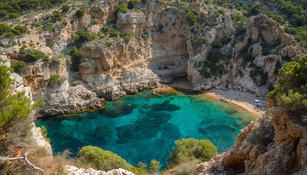 Crystal clear turquoise water in a rocky coastal bay with hidden beach