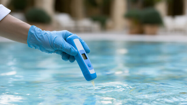 Gloved Hand Testing Water Quality With Electronic Digital Tester Instrument
