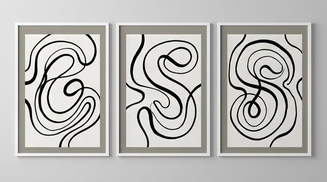 Abstract black ink line art triptych in white frames.