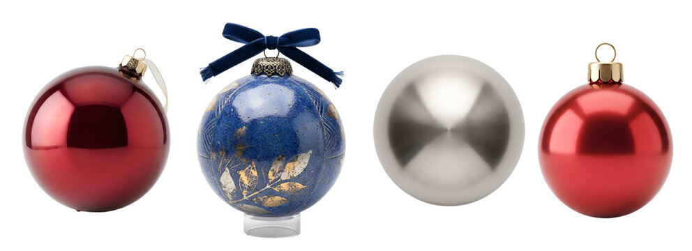 Beautiful collection of shiny and decorated christmas baubles in red, blue, and silver colors arranged horizontally on transparent background