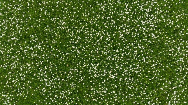 Aerial view of green meadow with small white flowers.