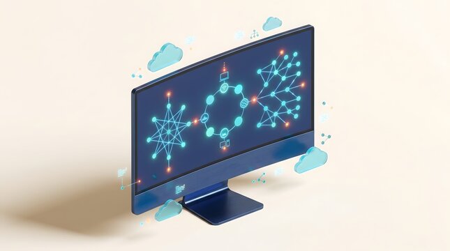 Isometric 3d computer monitor displaying a network data visualization with cloud elements