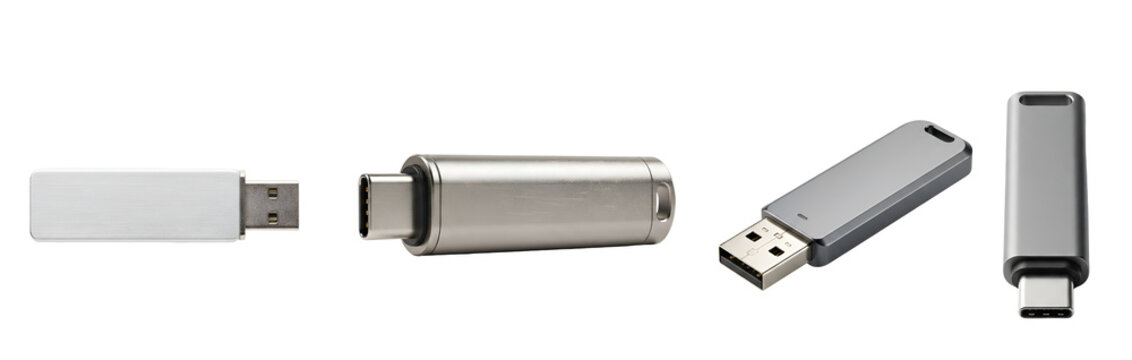 Modern metallic USB flash drives and portable storage devices displayed in various angles and orientations featuring sleek contemporary designs isolated on transparent background